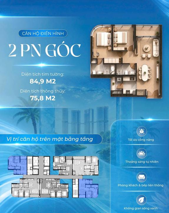Palm River - Layout căn hộ góc 2 phòng ngủ