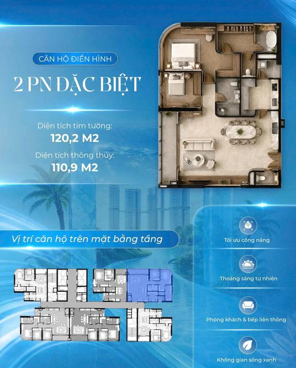 Palm River - Layout căn hộ 3 phòng ngủ thang máy riêng