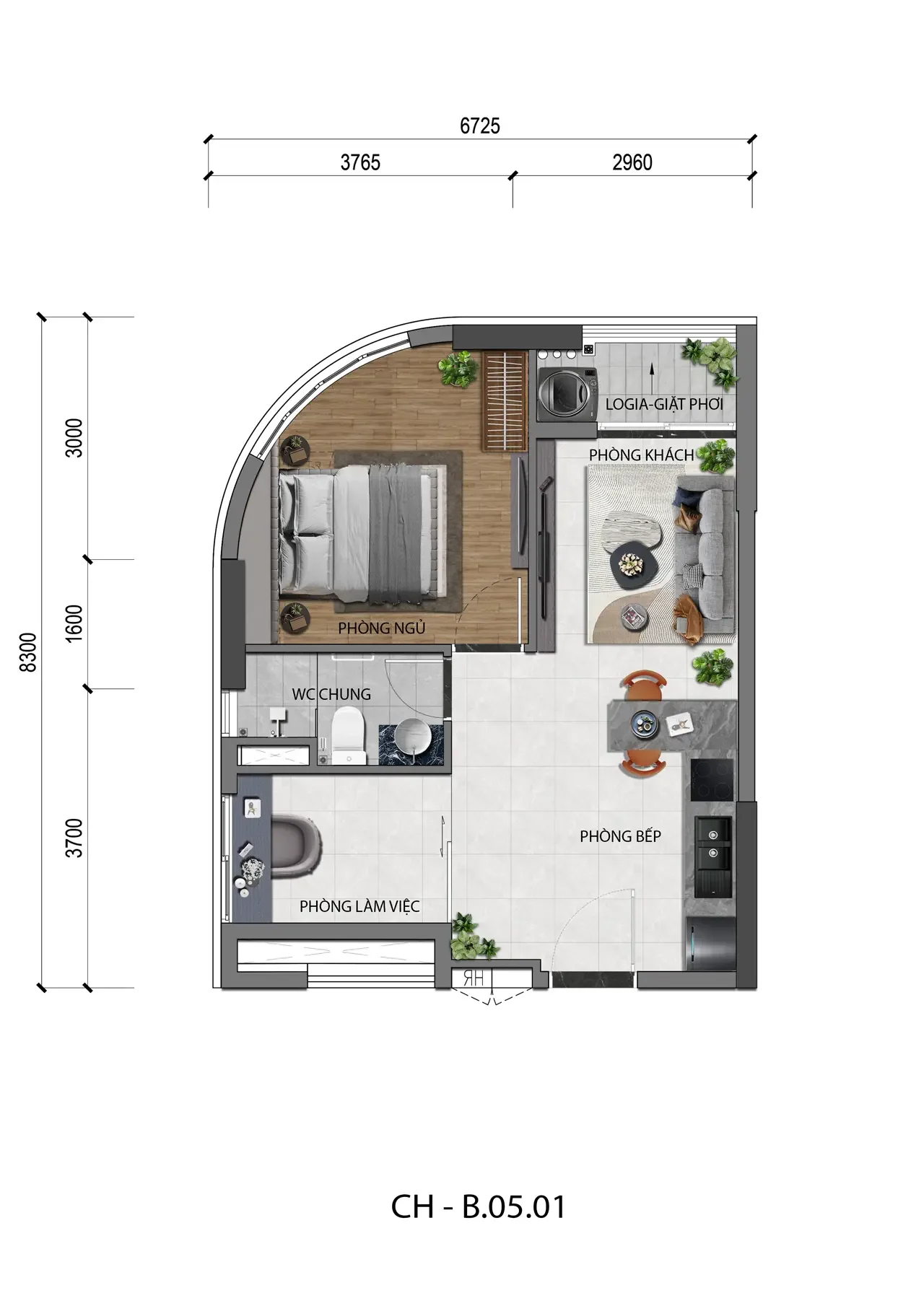 Mặt bằng căn hộ 1PN+1 A&K Tower mẫu 02 công năng linh hoạt