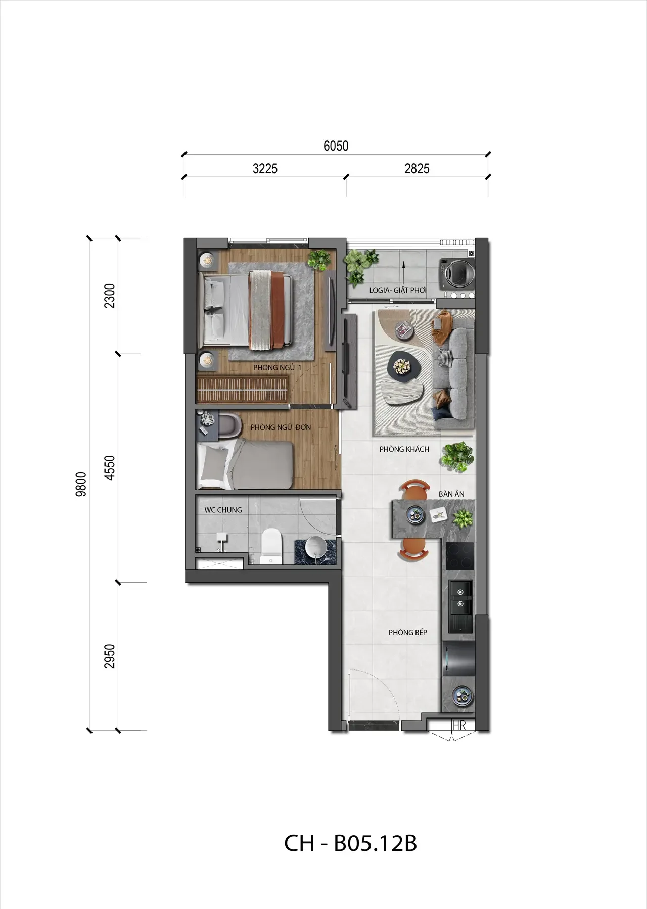 Mặt bằng căn hộ 1PN+1 A&K Tower mẫu 04 không gian mở