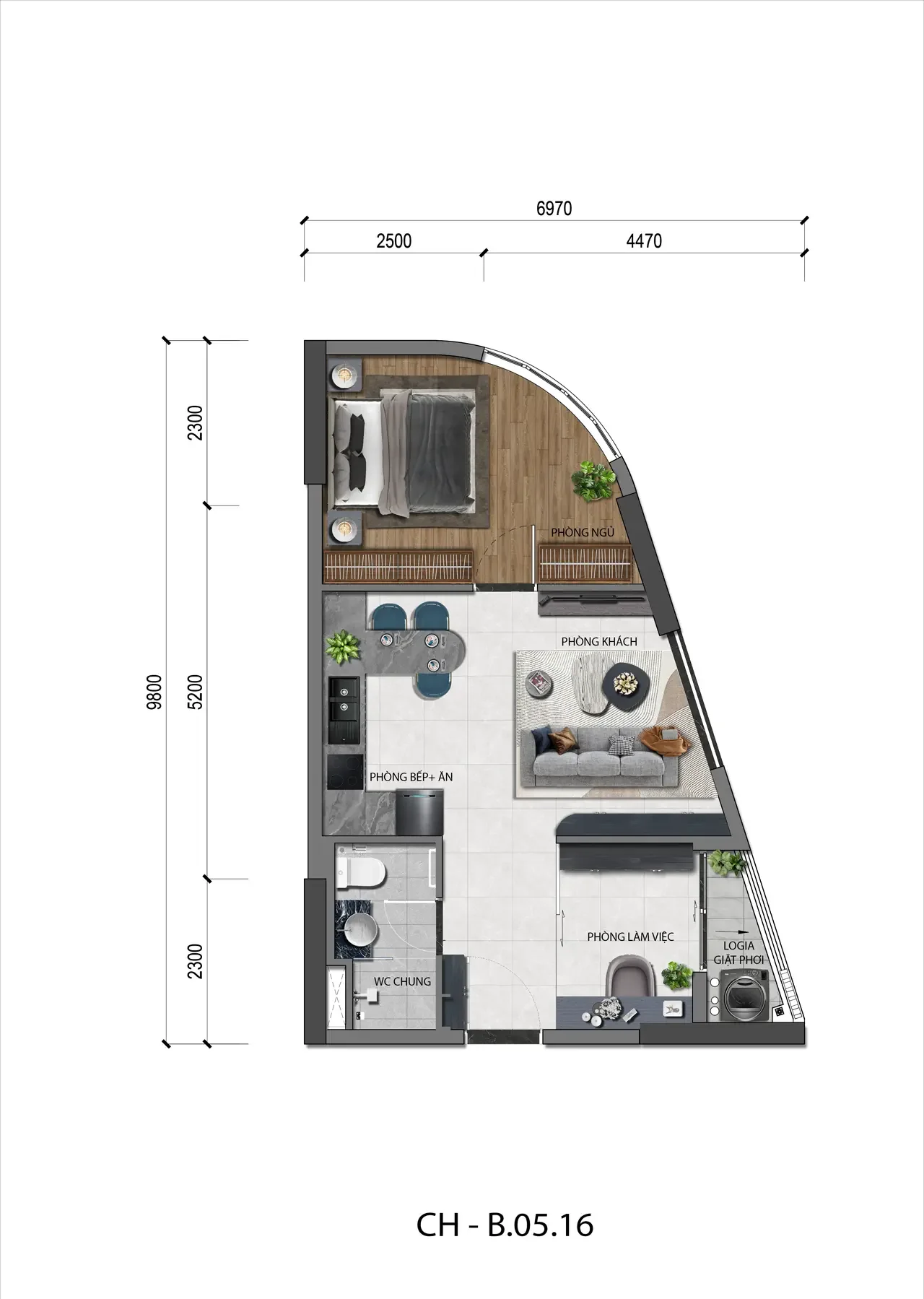 Mặt bằng căn hộ 1PN+1 A&K Tower mẫu 05 tối ưu diện tích