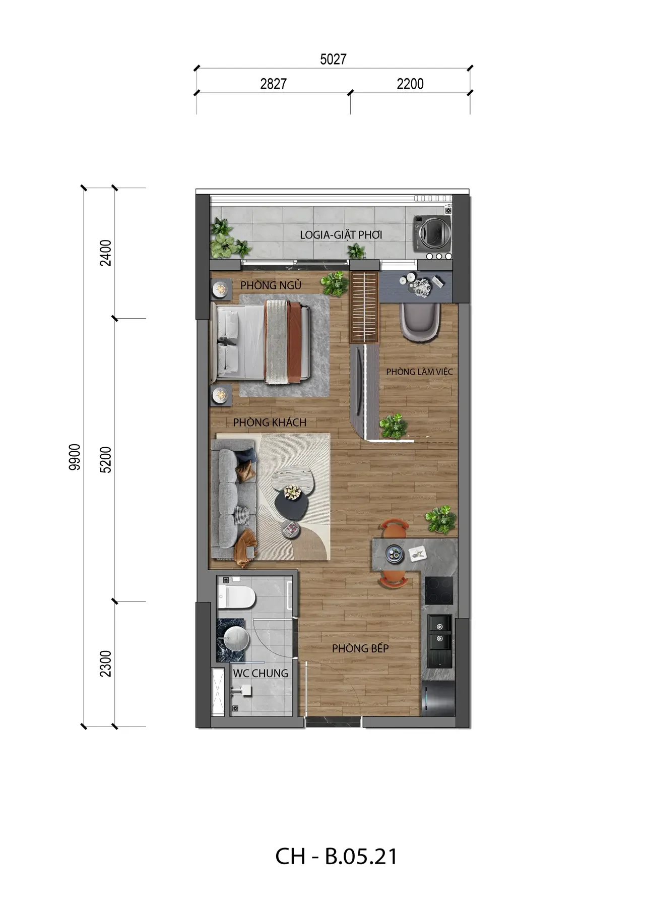 Mặt bằng căn hộ 1PN+1 A&K Tower mẫu 06 phong cách hiện đại