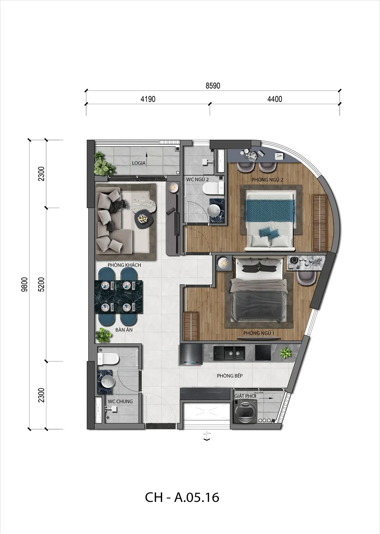 Mặt bằng căn hộ 2PN A&K Tower mẫu 02 căn góc 2 mặt thoáng