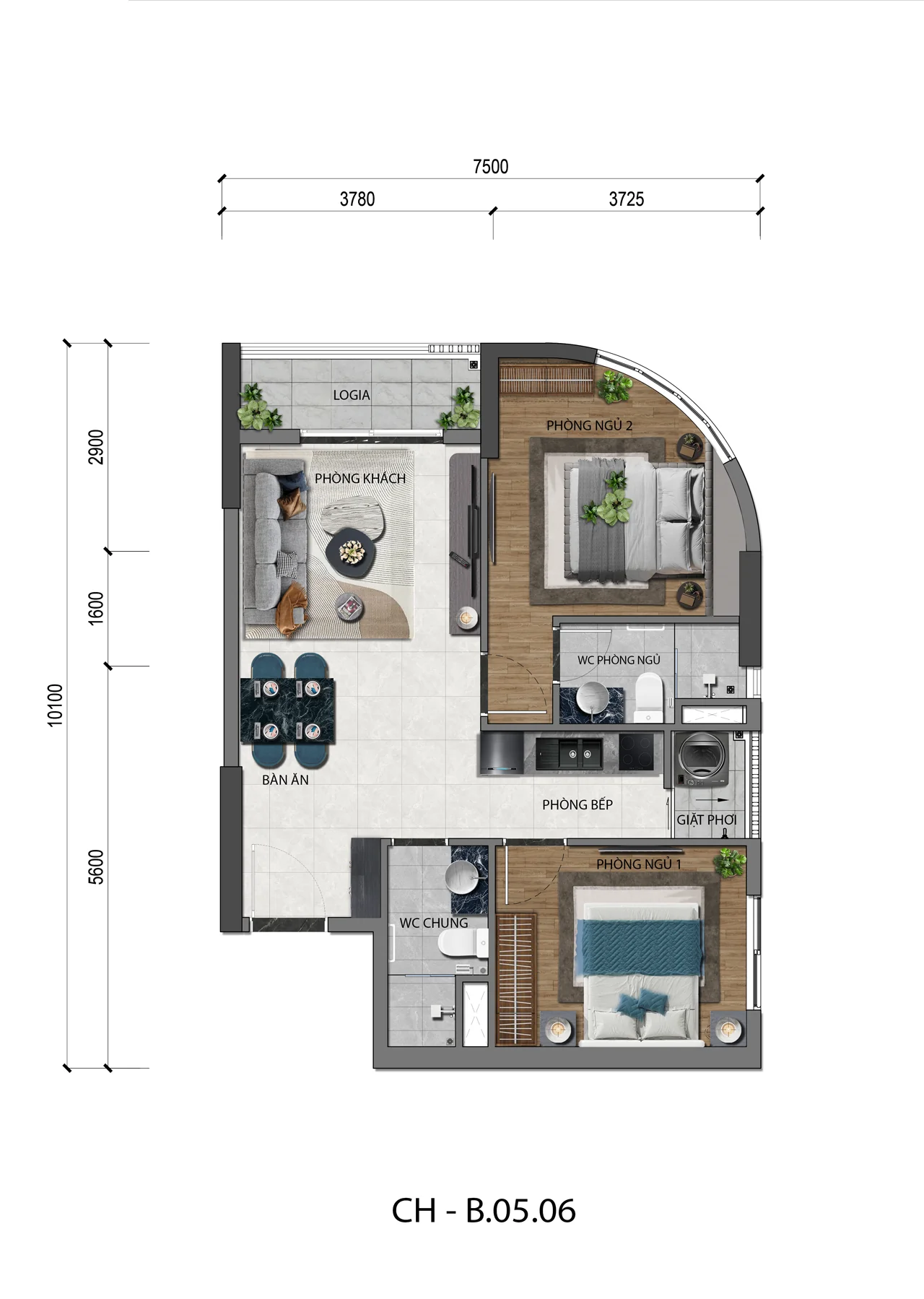 Mặt bằng căn hộ 2PN A&K Tower mẫu 03 không gian sống lý tưởng