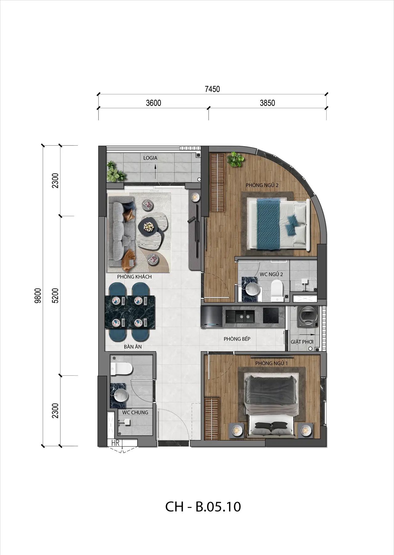 Mặt bằng căn hộ 2PN A&K Tower mẫu 04 bếp kín tách biệt