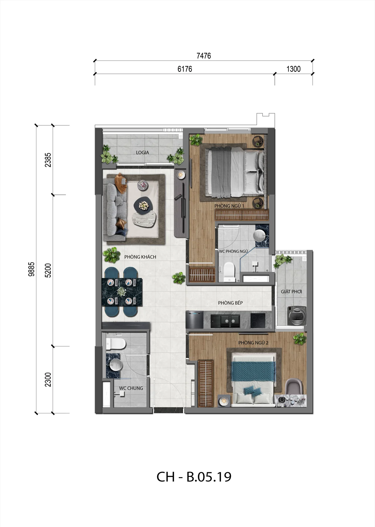 Mặt bằng căn hộ 2PN A&K Tower mẫu 05 tối ưu diện tích sử dụng