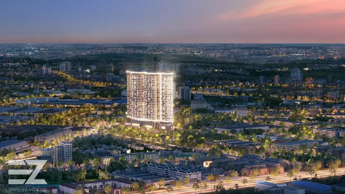 Phối cảnh dự án A&K Tower rực rỡ ánh đèn về đêm nhìn từ trên cao