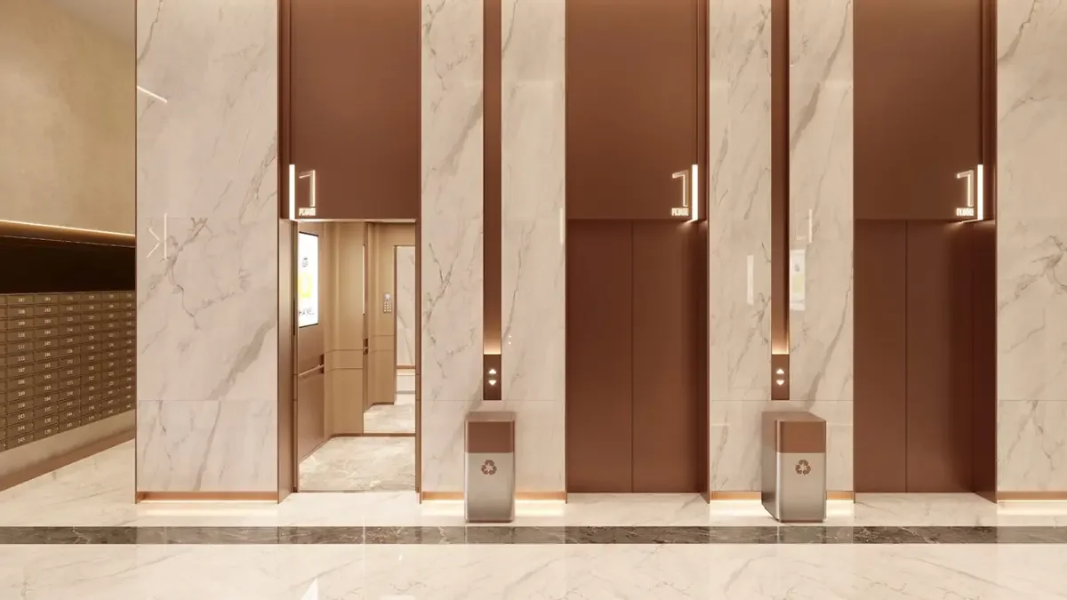 Sảnh thang máy cao cấp ốp đá marble và hệ thống thang máy tốc độ cao A&K Tower