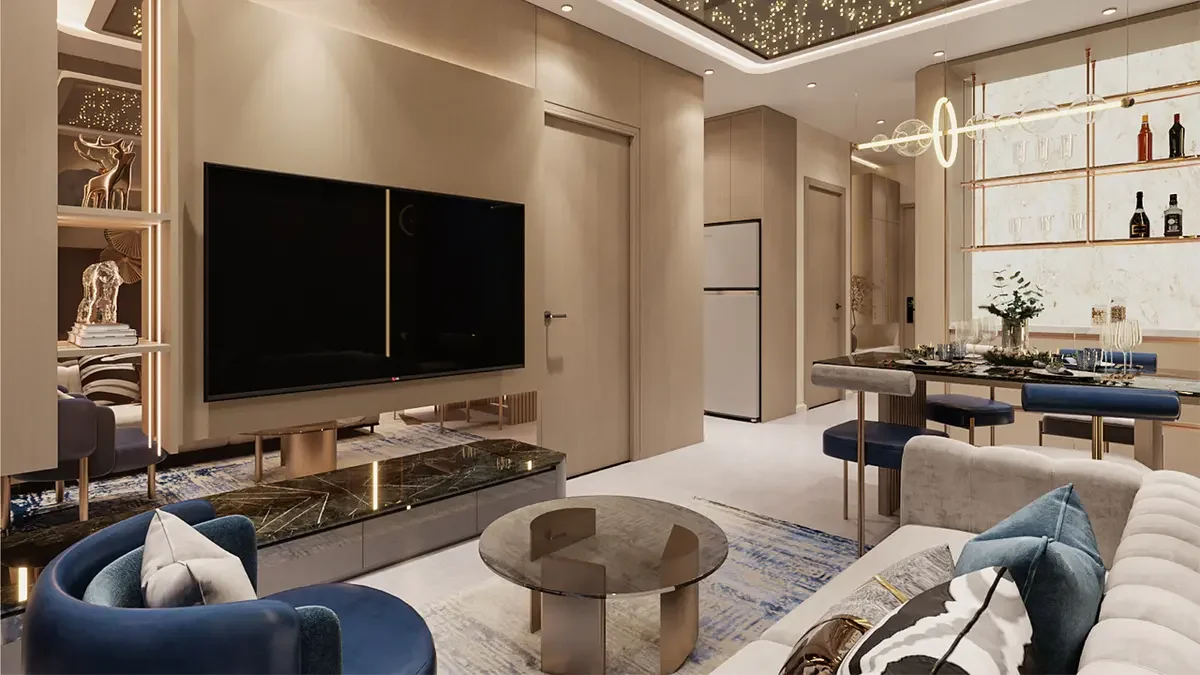 Góc nhìn phòng ăn và bếp mở căn hộ mẫu A&K Tower tiện nghi