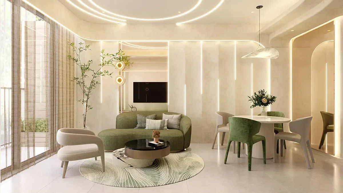 Góc thư giãn và bàn làm việc bên cửa sổ căn hộ mẫu A&K Tower