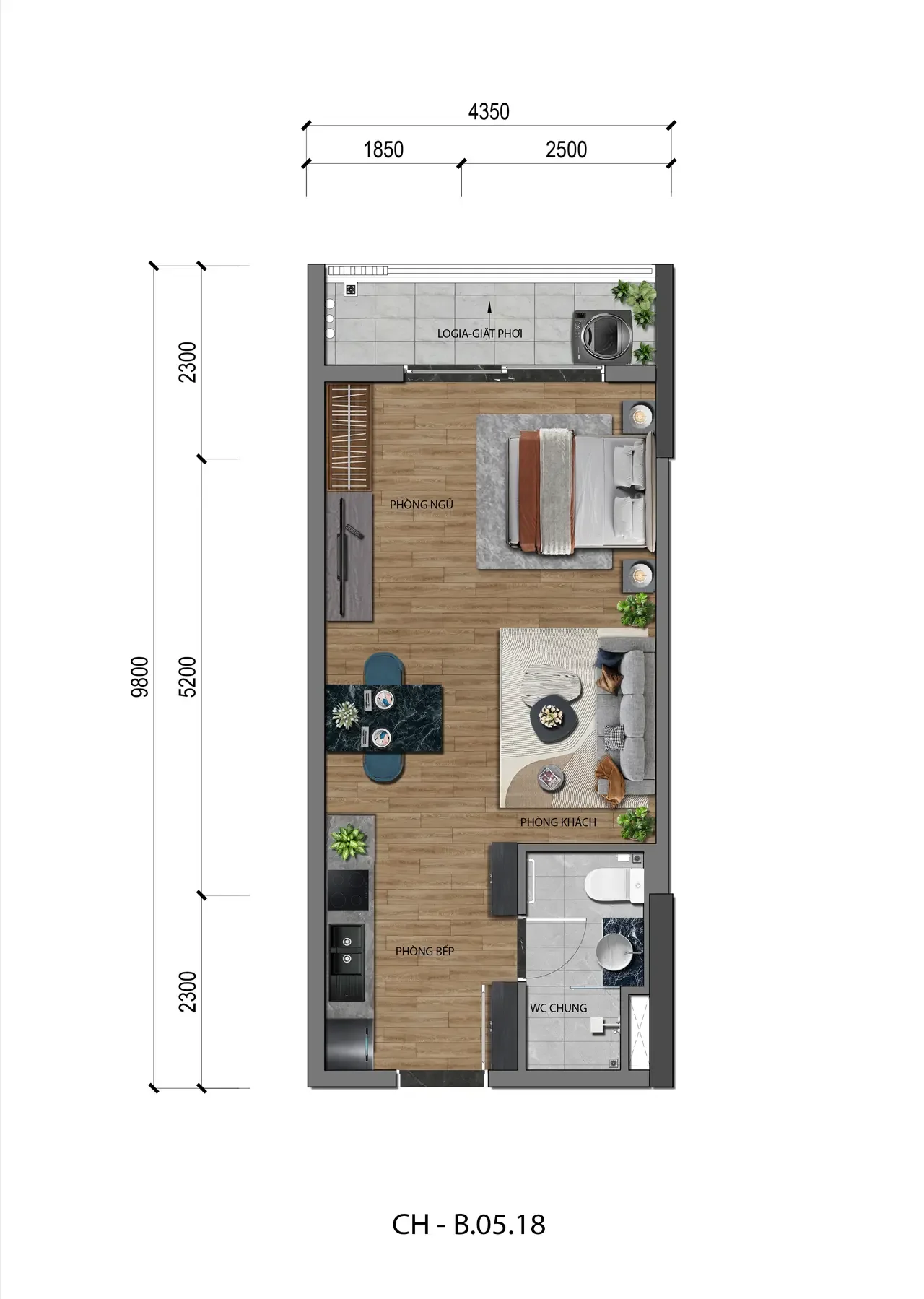 Mặt bằng bóc tách công năng chi tiết căn hộ Studio A&K Tower 40m2