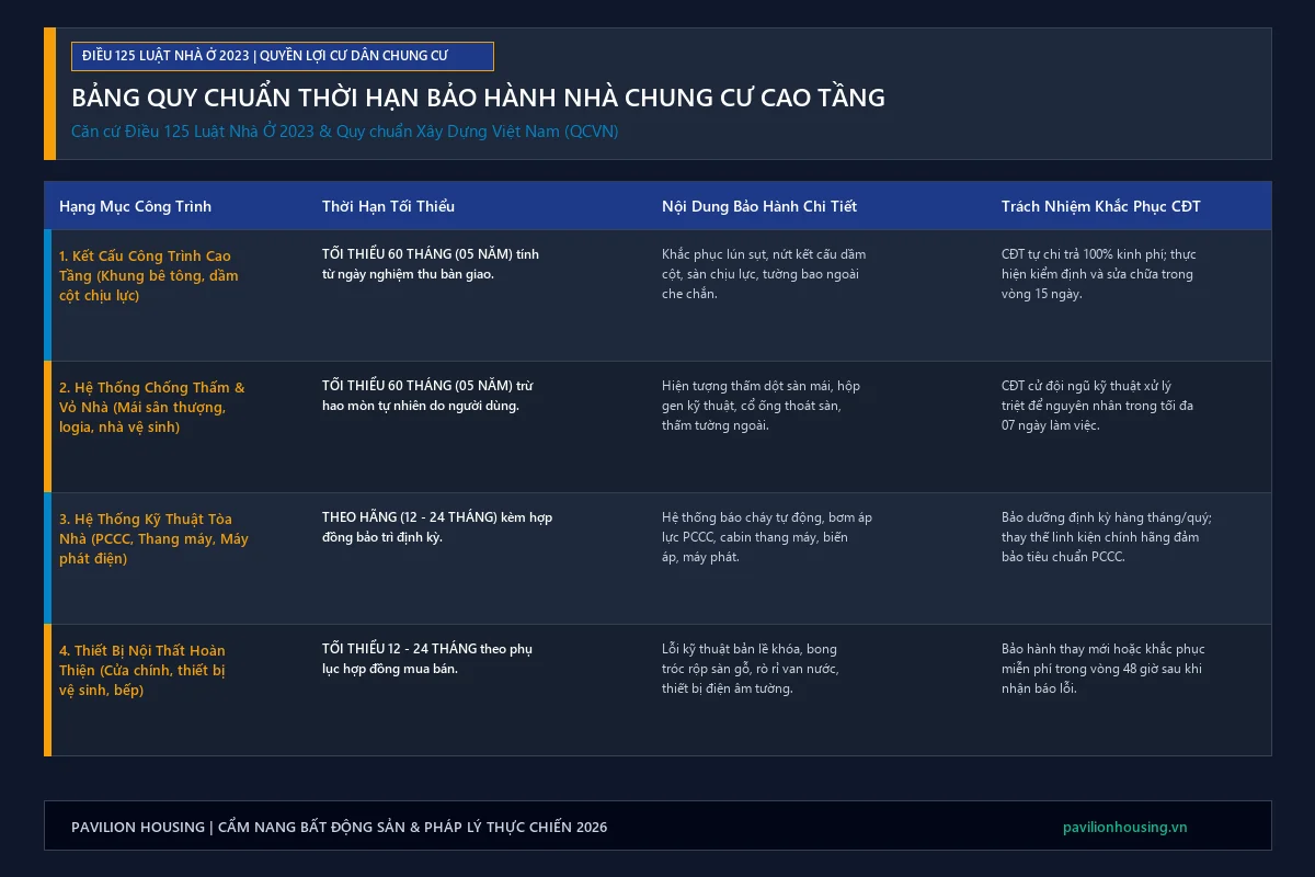 Bảng quy chuẩn thời hạn bảo hành nhà chung cư của chủ đầu tư theo Điều 125 Luật Nhà ở 2023