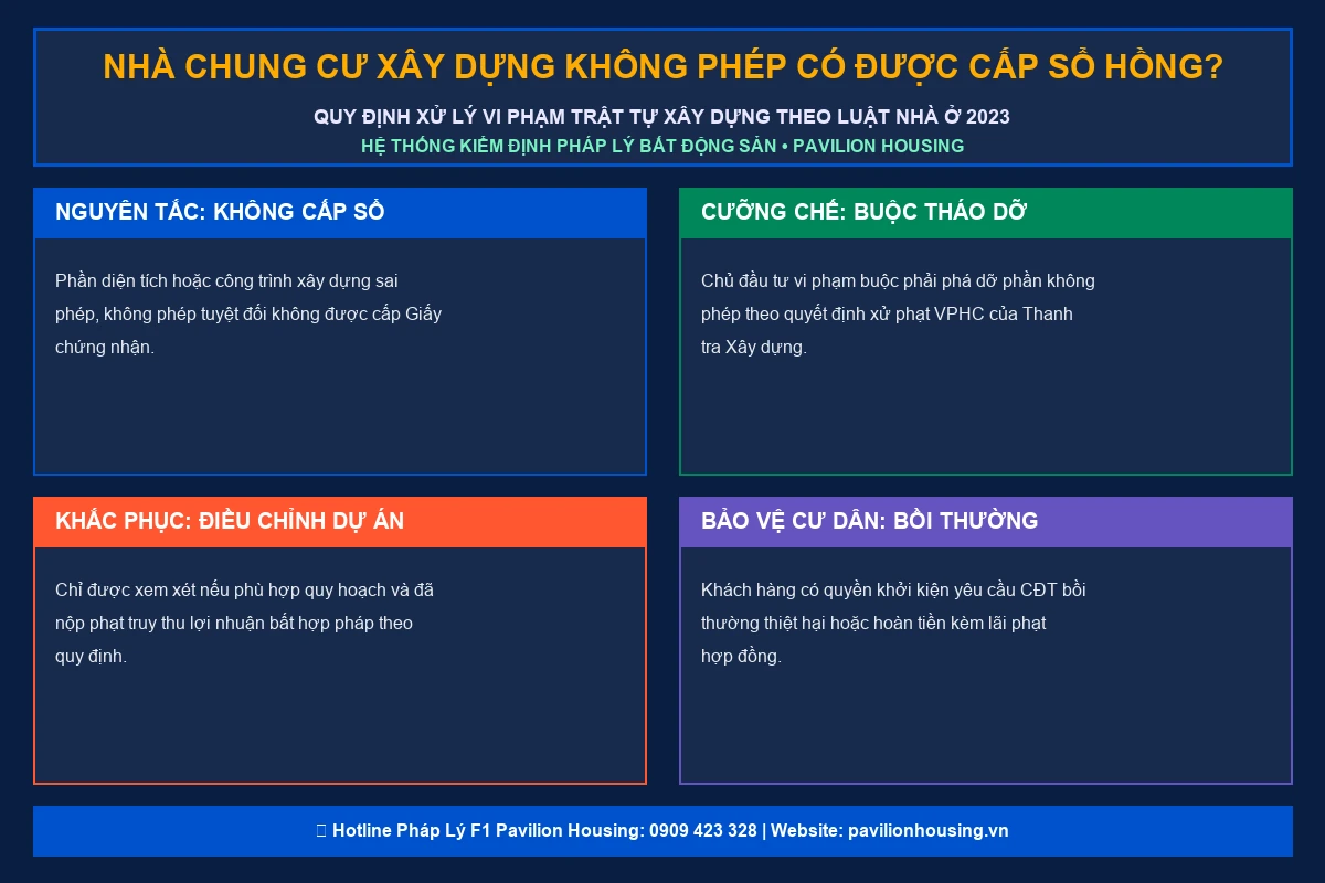 Infographic quy định pháp lý chung cư xây dựng không phép có được cấp sổ hồng không