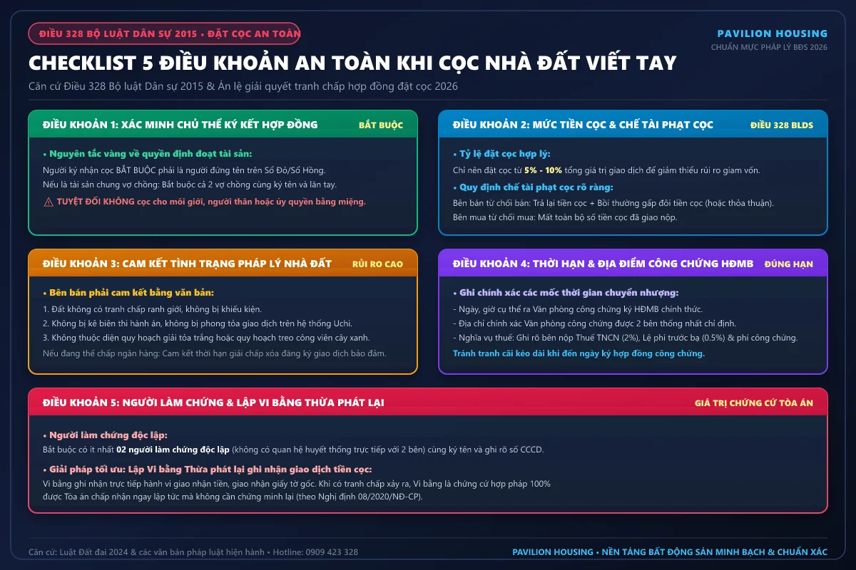 Infographic checklist 5 điều khoản an toàn khi ký hợp đồng đặt cọc mua bán nhà đất viết tay theo Điều 328 BLDS 2015