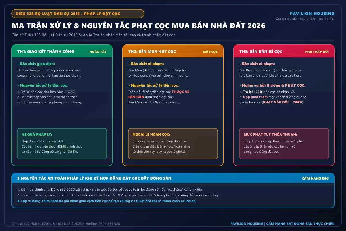 Ma trận 3 trường hợp xử lý tiền đặt cọc và nguyên tắc phạt cọc gấp đôi mua bán bất động sản Điều 328 Bộ luật Dân sự