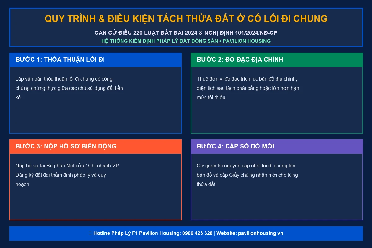 Infographic quy trình 4 bước tách thửa đất ở có lối đi chung theo Luật Đất đai 2024