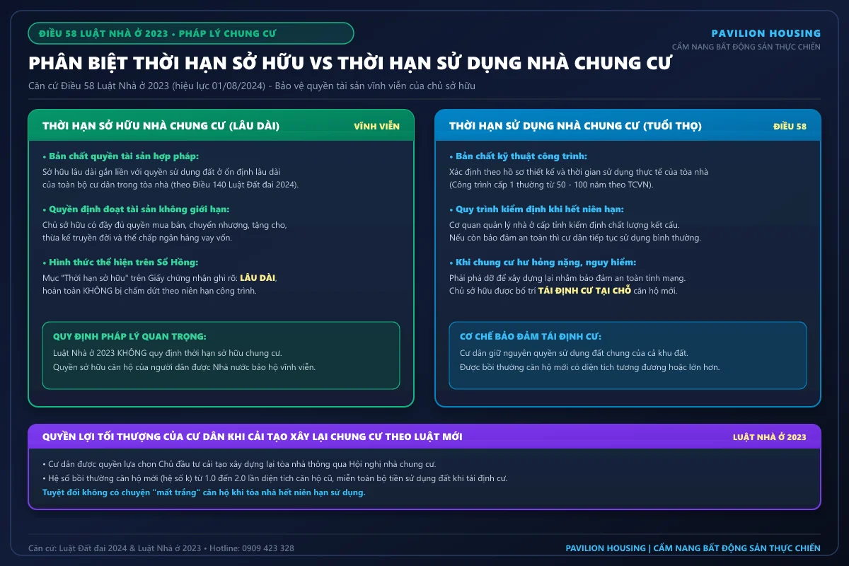 Sơ đồ so sánh thời hạn sở hữu chung cư lâu dài vĩnh viễn và thời hạn sử dụng nhà chung cư theo tuổi thọ công trình Điều 58 Luật Nhà ở 2023