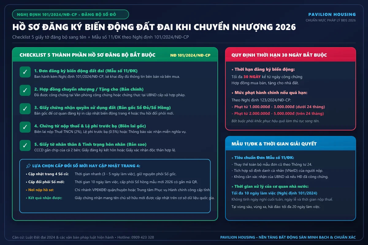 Infographic checklist 5 giấy tờ đăng bộ sang tên Sổ Đỏ và mẫu 11/ĐK theo Nghị định 101/2024 thời hạn 30 ngày