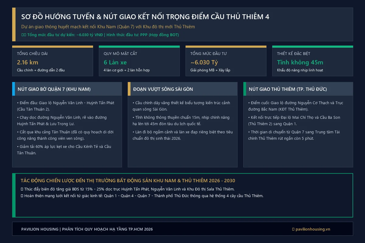 Sơ đồ hướng tuyến quy mô và các nút giao kết nối trọng điểm Cầu Thủ Thiêm 4 Quận 7 sang KĐT Thủ Thiêm