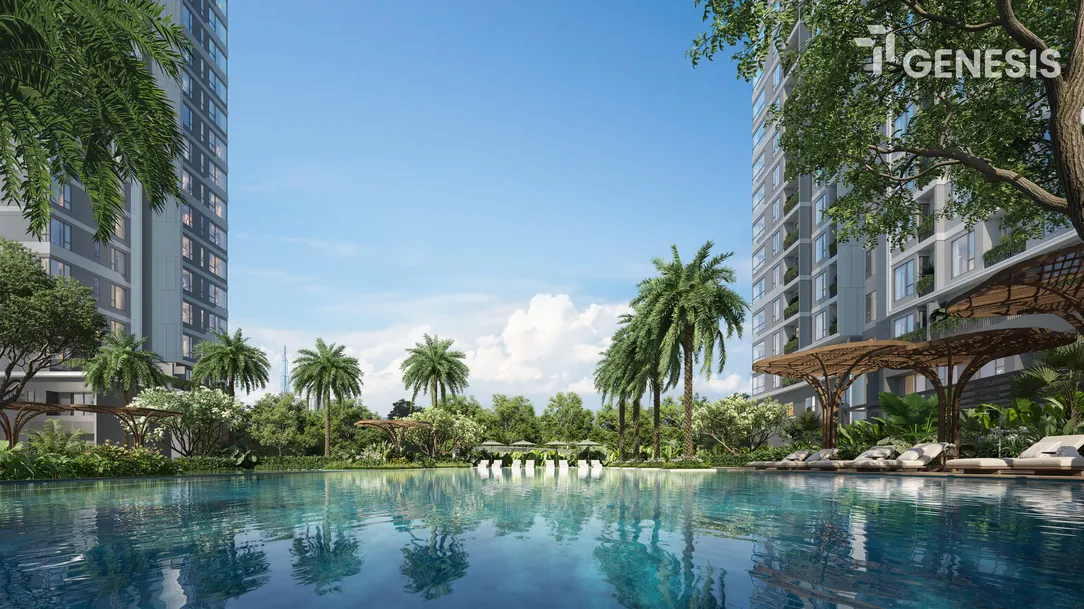 Khu vực ghế tắm nắng hồ bơi TT Genesis Khu vực ghế tắm nắng và hồ bơi thư giãn ngoài trời tại dự án TT Genesis