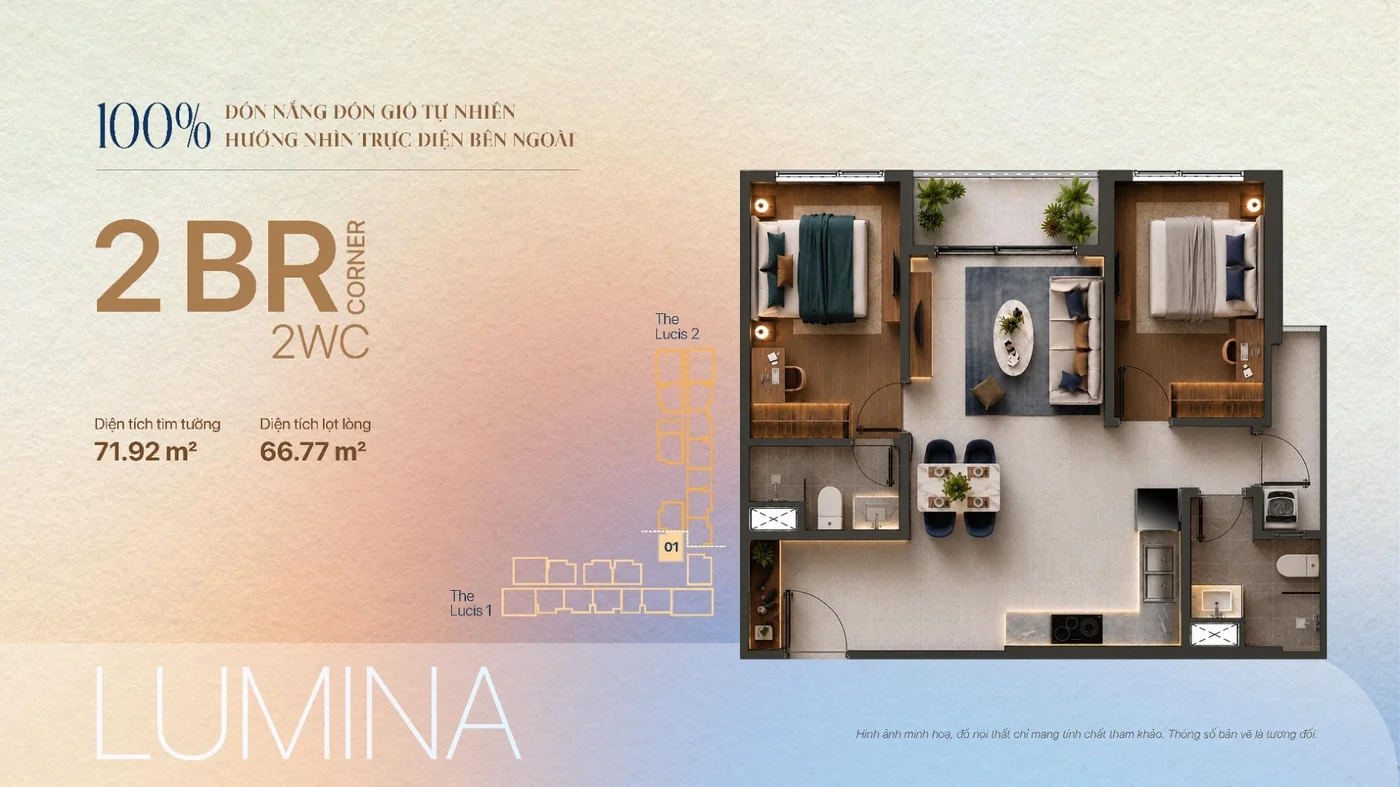 Layout căn hộ 2 phòng ngủ Corner góc tháp Lucis TT Genesis Thiết kế căn hộ 2 phòng ngủ căn góc tháp Lucis TT Genesis hai mặt thoáng