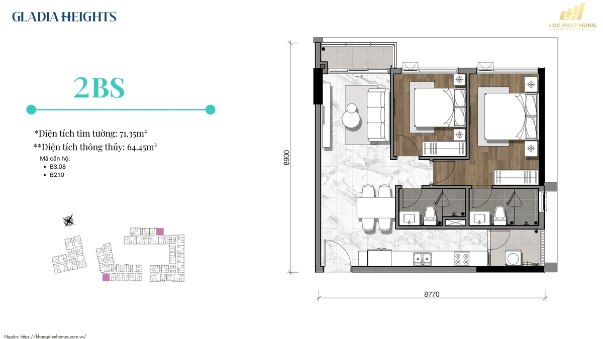 Thiết kế layout căn hộ 2 phòng ngủ 65m2 tối ưu công năng Gladia Heights
