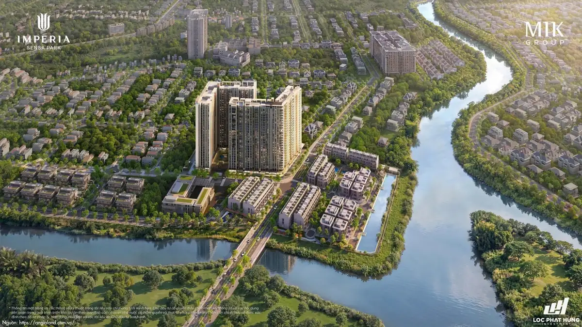 Toàn cảnh cụm tháp căn hộ và công viên xanh Imperia Sensa Park Liên Phường
