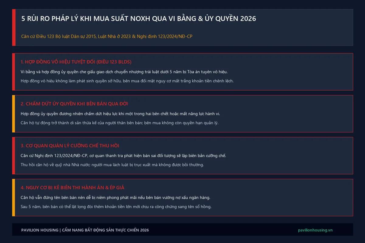 Infographic cảnh báo 5 rủi ro pháp lý nghiêm trọng khi mua suất nhà ở xã hội bằng hợp đồng ủy quyền vi bằng năm 2026
