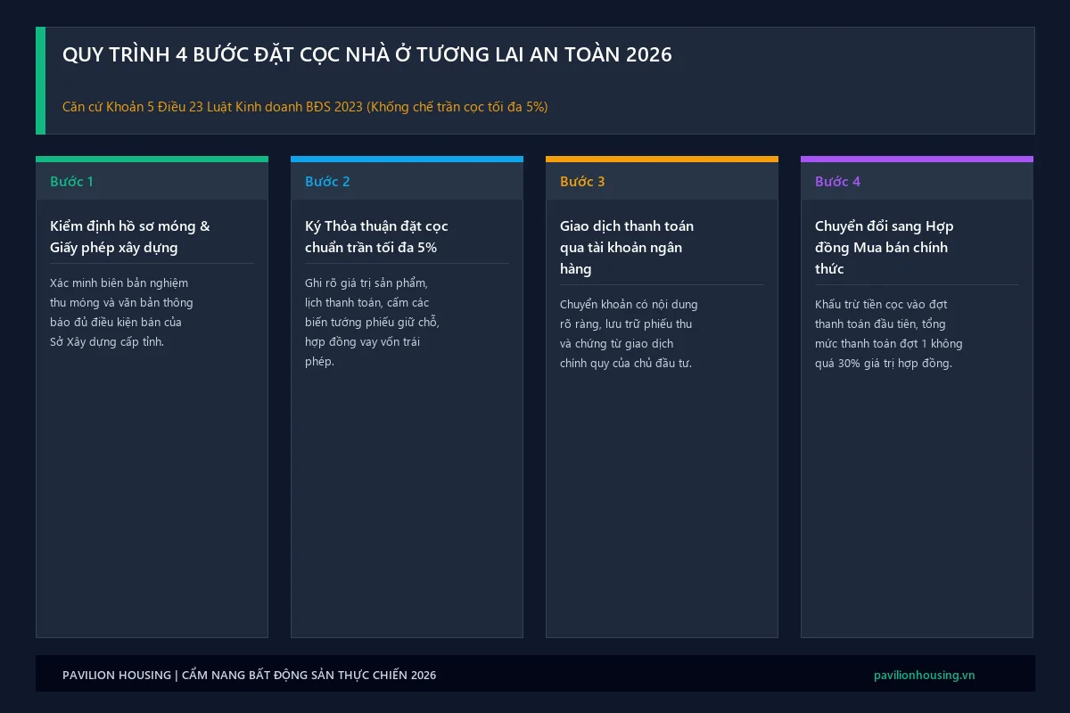 Infographic quy trình 4 bước đặt cọc nhà ở hình thành trong tương lai an toàn trần 5% theo Luật Kinh doanh BĐS 2023