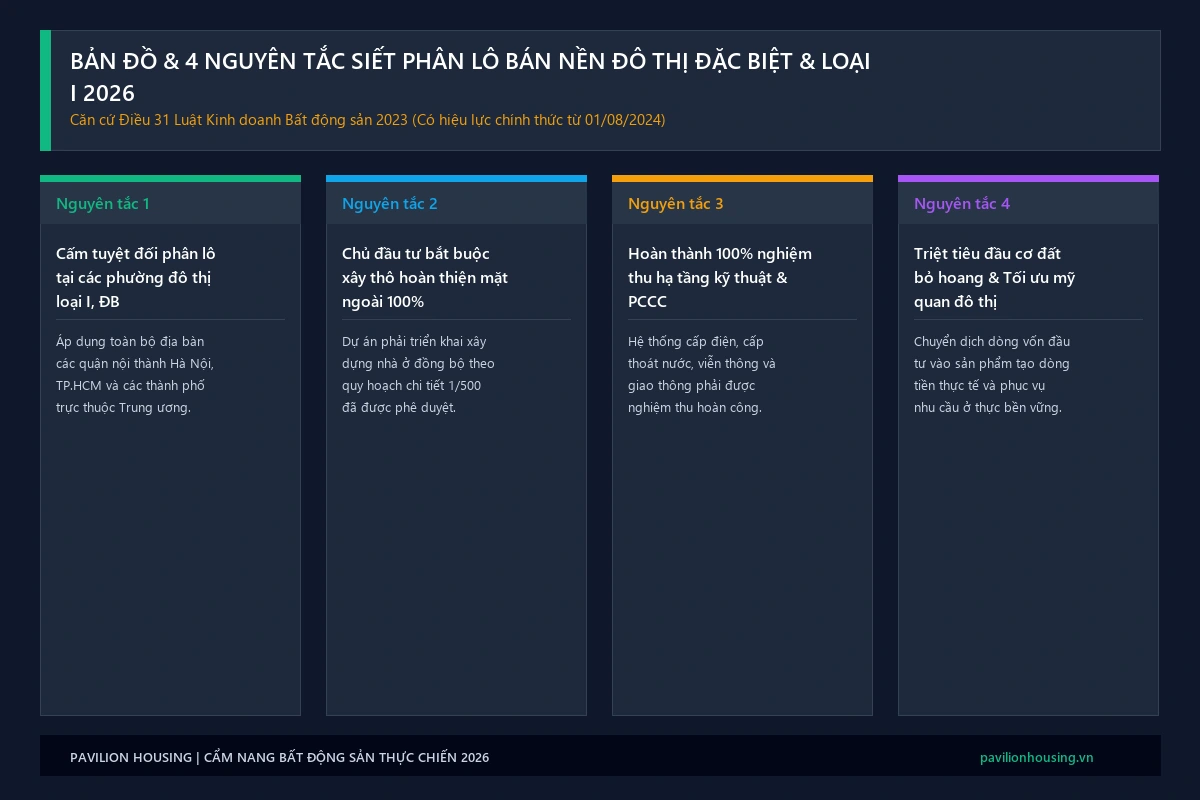 Infographic bản đồ và 4 nguyên tắc siết phân lô bán nền tại đô thị loại đặc biệt và loại I theo Điều 31 Luật KD BĐS 2023
