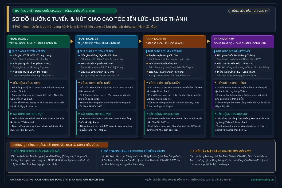 Sơ đồ hướng tuyến các nút giao và tiến độ thông xe cao tốc Bến Lức Long Thành kết nối BĐS Nam Sài Gòn 2026